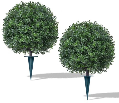 EverNature 2Pack Artificial Boxwood Topiary Ball Trees,16''UV Resistant Fake Evergreen Shrubs Bushes Plants with Ground Spike, Fake Plants for Outdoor Indoor Front Porch Garden