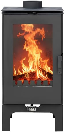 ALAZ K8M-L Kaminofen 9 kW Schwarz, Holzofen mit Schamott-Brennkammer und großem Sichtfenster, Scheitholzofen mit Aschefach, Holzscheite bis 50 cm