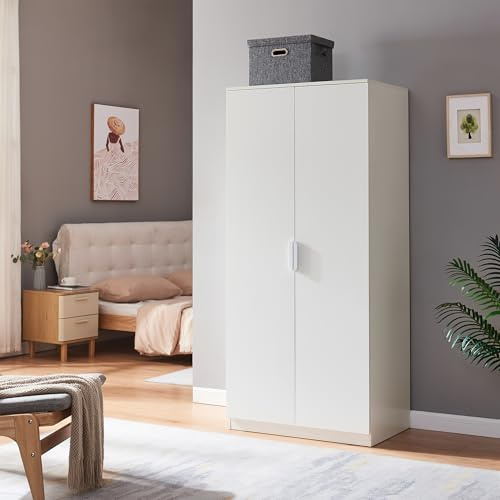 [en.casa] Kleiderschrank Eiselfing Schrank mit 2 Türen Garderobenschrank 176 x 80 x 52 cm Schlafzimmerschrank 1 Kleiderstange 4 Fächer Weiß
