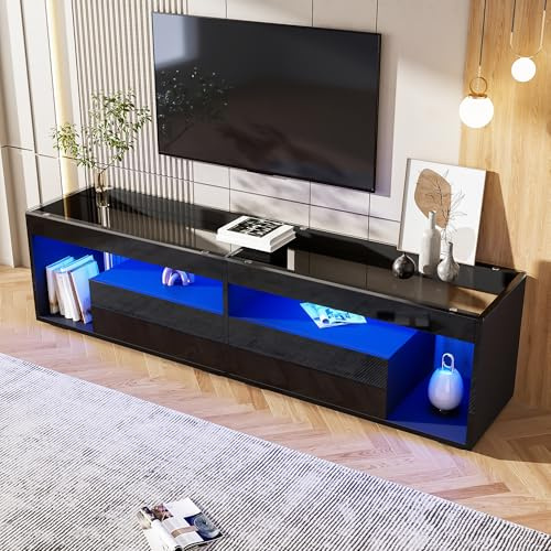 Meuble TV bas 180 cm noir brillant éclairage LED pour téléviseur jusqu'à 70 avec 2 tiroirs Verre trempé Buffet salon