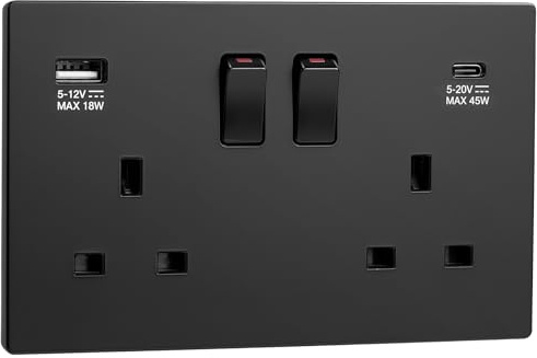SURAIELEC 45W Black Double Socket with USB C, 2 Gang 13A DP Switched Plug Socket, 45W PD Fast Charge, Screwless Double Sockets, Child Safe, Fits 25mm Back Box, Matt Black