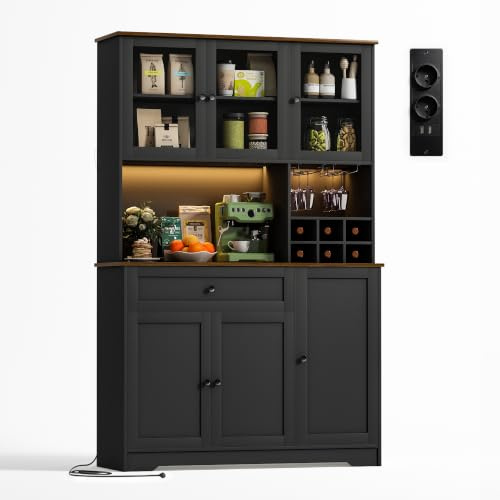 Wumagin Küchenschrank mit Arbeitsplatte, Buffetschrank mit Weinregal, LED-Licht & Steckdose mit USB, Verstellbare Einlegeböden Anti-Kipp Vorrichtung, Sideboard Küche für Wohnzimmer Esszimmer