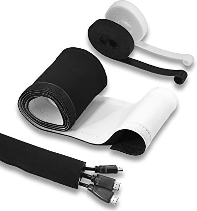 TPFNet Premium Neopren Kabelschlauch + 2 Klettbänder | 1,5m lang | 27 Ø mm | schwarz + weiß | Kabelmanagement | mit Klettverschluss | die perfekte Kabelführung für Büro, Küche oder Heimkino