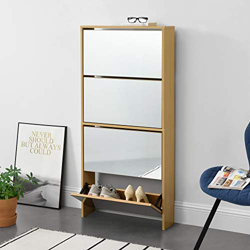 [en.casa] Shoe tipper Vogar Shoe cabinet with 4 flaps mirrored Chest of drawers for 12 pairs 134 x 63 x 17 cm Storage Beech look