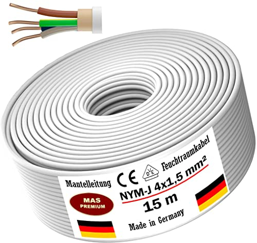 Cavo di alimentazione rivestito NYM-J per ambienti umidi da 5, 10, 15, 20, 25, 30, 35, 40, 50, 60, 70, 75, 80, 90 o 100 m, 4 x 1,5 mm², cavo elettrico ad anello per installazione fissa (15 m)