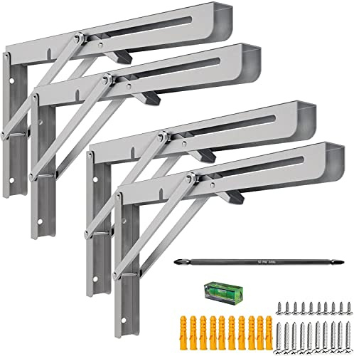 MySit 16 Folding Shelf Brackets 4 PCS, Max Load 550lb Heavy Duty Stainless Steel DIY Collapsible Wall Mounted L Shelf Bracket Space Saving for Table Work Bench