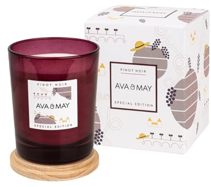 AVA & MAY Pinot Noir Duftkerze (180 g) – vegane Sojawachs-Kerze mit 40 Stunden Brenndauer – mit hochwertigem Duftöl aus Himbeere, Pfirsich und Schwarzer Johannisbeere