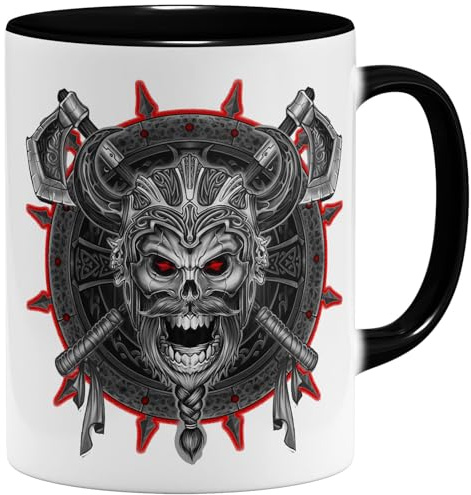 OM3® Wikinger Skull Totenkopf Kaffee-Tasse mit Krieger-Motiv - Walhalla - Keramik Becher - 325ml - Beidseitig Bedruckt - Schwarz