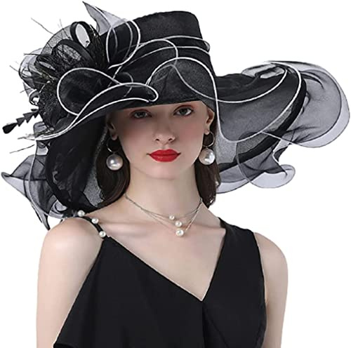 AHDMR Capeline Femme Chapeau de Mariage Cérémonie en Organza Elégant Chapeau de Soleil Large Bord Anti-Soleil/UV Chapeau d'église Mariee Enroulable Chapeau Eté pour Plage Voyage Soirée