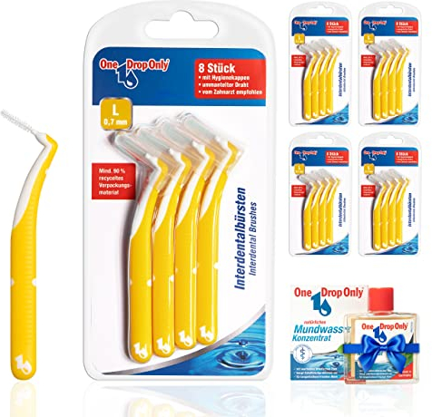 One Drop Only® - 5 x 8er Pack Interdentalbürsten 0,7mm (L) + 10ml Mundwasser Konzentrat GRATIS/Interdentalbürste & Interdental Brush zur Zwischenzahnreinigung/beste Mundhygiene durch Dentalbürsten