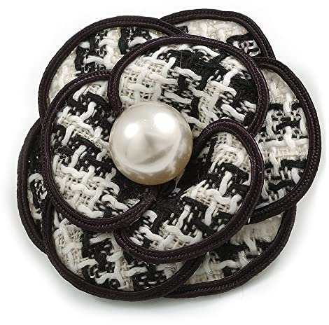 Avalaya Grande broche fleur en tissu noir et blanc 70 mm, taille unique, Tissu
