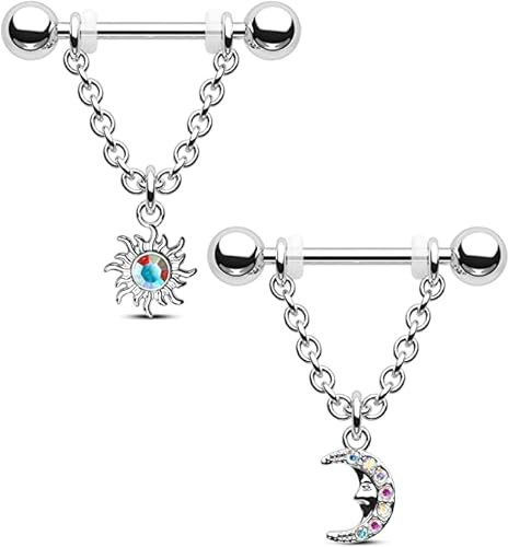 CM Crareesi Mania Nippelpiercing Chirurgenstahl Brustwarzenpiercing Schmuck baumeln Brustwarzenpiercing 14G Brustwarzenringe AB CZ Nippelschilder Ringe, Zirkonia mit Mond Stern Ketten