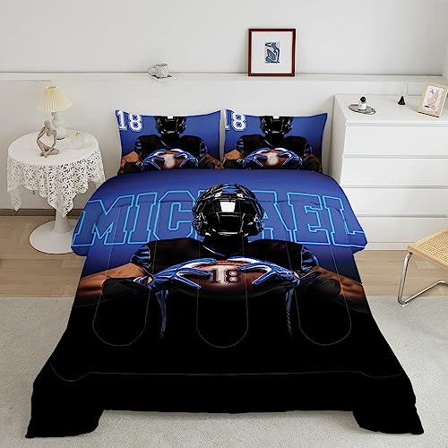 ZBIGTEE Custom Cool Dark Blue Football Player Art Comforter Set Queen King Twin Full, Football Bedding for Bed Rugby Ball Quilt Blanket for Bed Microfiber Lightweight Softs Sports Bedding