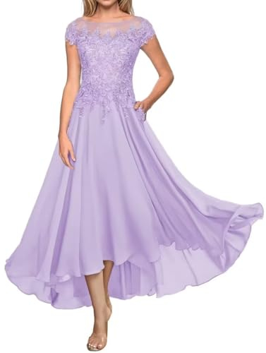 Sincemeet Teelänge Mutter der Braut Kleid Spitze Lang Formal Abendkleid Chiffon Hochzeit Gastkleider für Kurzarm