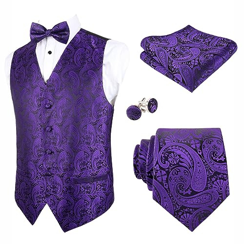 Alizeal Herren Weste Krawatte Hanky Manschettenknöpfe und Fliege Set Paisley Classic 5pc, Dunkelviolett-M
