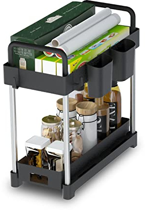 Mi hogar Unter Waschbecken Organizer 2 Ebenen – Küchen Organizer mit Schublade, Haken & Becher, Rostfrei – Badezimmer & Spülschrank Aufbewahrung für Küche, Schrank, Unterschrank
