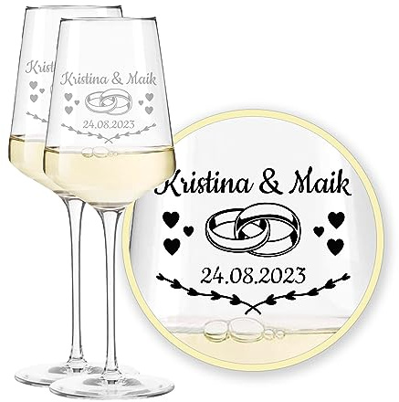 LEONARDO Puccini Hochzeitsweinglas Weißweinglas, Herztanz mit Gravur, personalisiert mit Namen Wunschtext Datum, Weinkelch 560 ml, Hochzeitsgeschenk Hochzeitstag Jahrestag Jubiläum