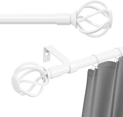 Gardinenstange Weiß 68 to 222 cm mit Gedrehten Käfigendstücken, Wandmontage Weiss Matt Gardinenstangen Set, Metall 16mm Gardinenstange 2.2m Lang für Outdoor Wetterfest