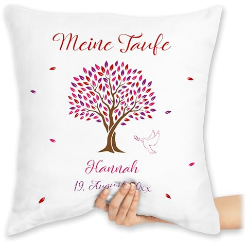Kissen 40x40 Zierkissen - Meine Taufe Lebensbaum mit Name personalisiert I Taufgeschenk Mädchen Taufgeschenke Patenkind - 40 x 40 cm - Weiß - für taufkissen konfirmation Taufe￼ kissenhülle