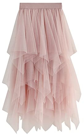 GPLOPEEY Damen Y2k Tüllrock Mehrlagiger Tutu-Rock mit hoher Taille Unregelmäßiger, plissierter, elastischer A-Linien-Midirock Streetwear (02 Pink, One Size)