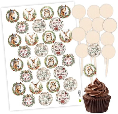 FOTOFOL Cupcake Stecker 12er Set aus Holz mit Aufklebern- Muffin Cupcake Topper- Weihnachten Feier Kuchenstecker - Frohes Fest - Frohe Weihnachten - Merry Christmas
