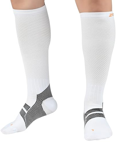 ZaTech Calze a Compressione per Fascite Plantare e Anti-Trombosi, 20-30 mmHg - per Uomo e Donna, Sportive (Bianco/Nero, 42-44)