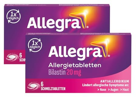 Allegra Allergie Tabletten| Schmelztabletten | 6 x 2 Stk | Antihistaminikum | Wirkstoff Bilastin | schnell und 24 Std wirksam bei Heuschnupfen, Tierhaarallergie, Hausstauballergie, Nesselsucht