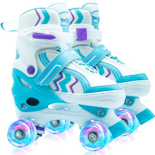 SMOOJOY Kids Roller Skates for Boys and Girls Adjustable Sky Blue Skate with All Light up Wheels Ages 6-12 for Beginner in Outdoor Indoor Sports.