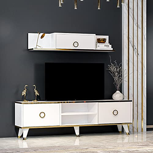 Homidea Vera Wall Unit - Living Room TV Set - TV Cabinet - TV Lowboard - TV Table - TV Furniture with 2 Doors and Wall Shelf in Shiny Design (Vera TV - White)