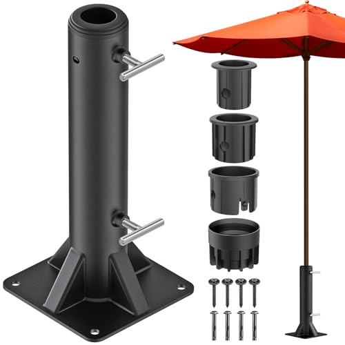 Dolibest Parasol Holder Tube, 30cm Patio Umbrella Stand Square Ground Base Bolt Down Metal Deck Mount Clamp Sun Umbrella Ground Fixing Flange with 3 Size Sleeve for 3-5cm Pole, Concrete/Wooden Deck