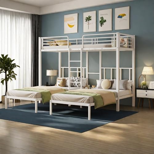 Wyibwy Letto a tre posti, 90 x 200 cm，letto a castello triplo con parapetto anticaduta e tavolo,letto in metallo con scala, letto triplo in ferro, per bambini, ragazzi, adulti,Senza materasso,Bianco