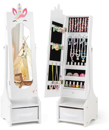 GYMAX Armadio per Gioielli per Bambini con Specchio a Figura Intera e Cassetto, 2 Angoli di Inclinazione Regolabili, Armadio per Gioielli da Principessa per Cameretta, 31,5 x 30 x 115 cm (Bianco)