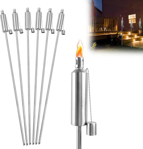 Aufun Set di 6 torce da giardino in acciaio inox di alta 115 cm, con sicurezza per bambini, adatte per giardino, terrazza, campeggio, all'aperto, olio da 330 ml, lampada a olio con stoppino, torce