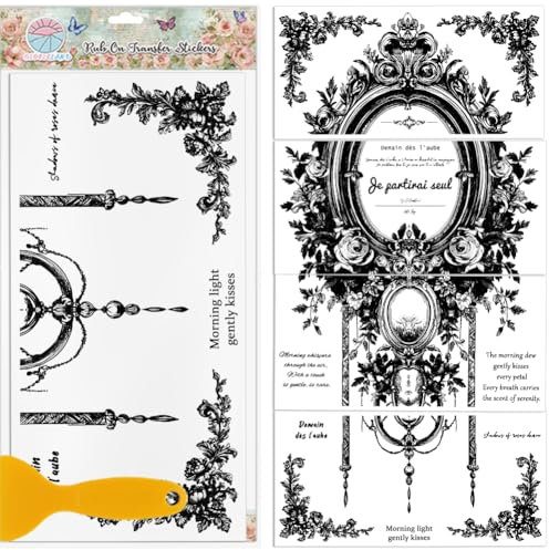 GLOBLELAND 4 Sheets Vintage Clocks Borders Furniture Transfer 11.8x5.9inch Relief Rose Words Rub on Transfer Self-Adhesive Wall Art Decals for Bedroom Living Room Desk Table