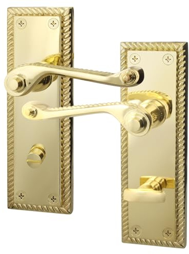 EAI Polished Brass Door Handles Bathroom, 1 Pair on Backplate - Rope Scroll | 1 Pair of Georgian Scroll Roped Edge Lever on Backplate Internal Door Handles for Bathroom, Fixings Included