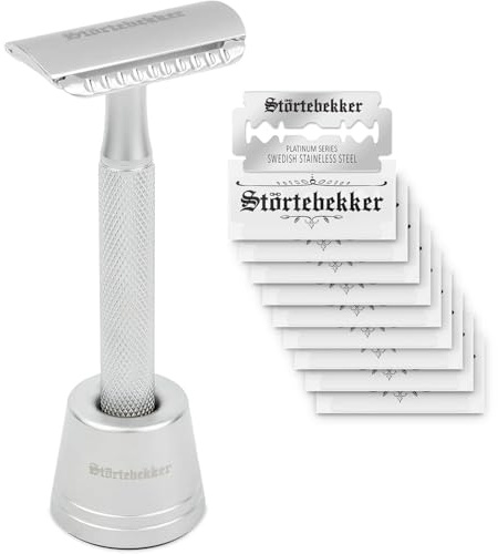 Störtebekker® Premium Rasierhobel 'Oslo' im Set mit Störtebekker Premium Rasierständer 'Oslo' in Silber - Edle matte Optik, rutschfester Griff, massiver Stand - Rasierset Herren - Geschenkidee