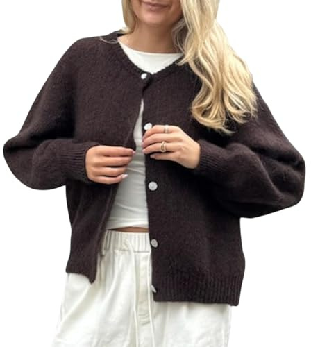 Geagodelia Damen Strickjacke Dünn Langarm Strick Cropped Cardigan Pullover Elegante Strickpullover Strickweste Y2k Sweater Knitted Top Pulli Herbst Frühling (B - Dunkelbraun, S)