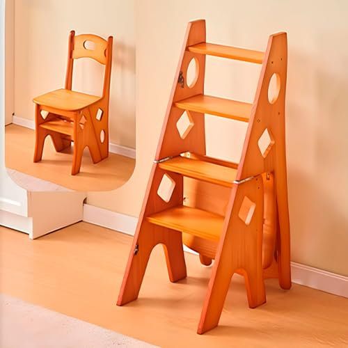 Closet Stool for Walk in Closet, 4 Tier Step Stool Chair, Wooden Library Ladder Chair, 3-in-1 Stepladders Display Stand, Library Steps Bookshelf Plant Stand