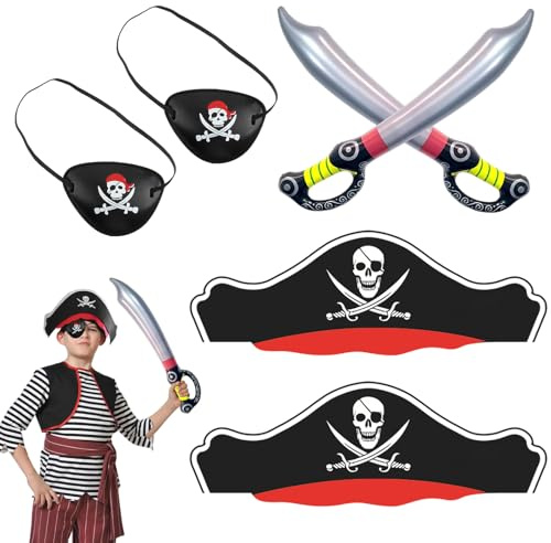 SAIIURV 6 Piezas Accesorios Disfraz Pirata Niño Adulto, Sombrero Pirata, Parche Ojos, Espada Inflables, Disfraz Capitán Accesorios Piratas para Fiestas Halloween Carnaval(6 Piezas)