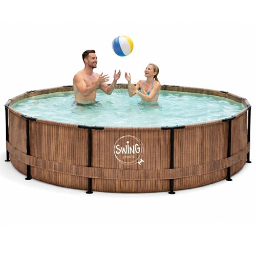 HAF - Swing Frame Pool rund Holz-Optik (Ø 305 cm, 76 cm tief) - Gartenpool mit 4.500 Liter - UV-geschützt & korrosionsbeständig - Stabiler Metallrahmen - Schnellaufbau ohne Werkzeug - inkl. Skimmer