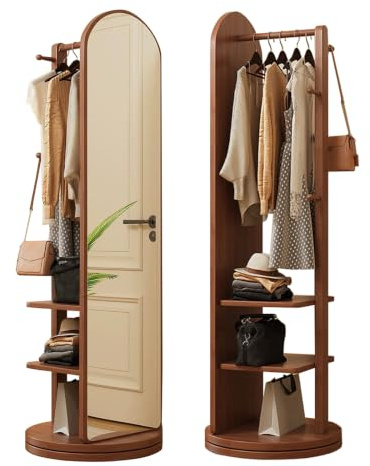 Gewölbter Massivholz Ganzkörperspiegel mit Garderobe, 360° Drehbar 172×50cm | Schwenkbare Räder, für Wohnzimmer & Schlafzimmer, stabile Massivholz-Konstruktion, platzsparendes Design