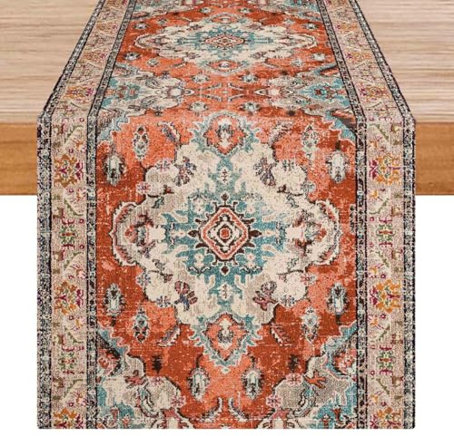 Avalune Tischläufer Rot Orange Boho Modern Vintage Leinenoptik Mandala Blumen Läufer Tisch Abwaschbar Retro Landhausstil Outdoor Tischlaufer für Küche Esszimmer Küchentisch Garten Deko 33x183 cm