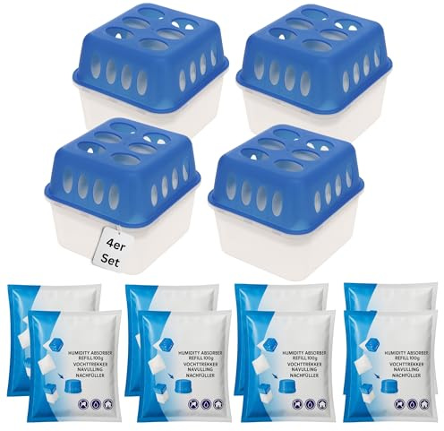 Luftentfeuchter ohne Strom Entfeuchter Box Wiederverwendbar Nachfüllbar Granulat für Bad Keller Wohnmobil mit 400g Nachfüllpacks & HLKauf-Block (4er Luftentfeuchter, 8er Nachfüllpacks & HLKauf-Block)
