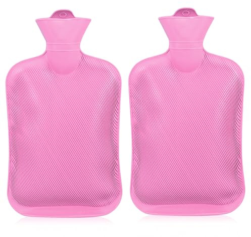 2er Pack Wärmflasche, Wärmflasche-Ohne Bezug Naturkautschuk Bettflasche Sichere und Haltbare Groß 2L, Geschenk für Kinder und Erwachsene (Rosa)