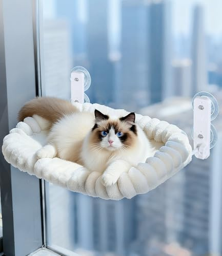 Zofory Hamaca de felpa para gatos con funda extraíble de doble cara, cama de ventana de 59 x 47 cm, con 4 ventosas, lugar de descanso cómodo para gatos, soporta cargas de hasta 15