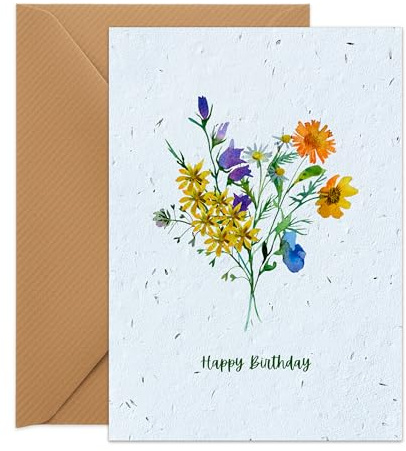 UK Seed Paper Plantable Birthday Card Meadow Birthday Standard Size (105 x 148mm Folded), Eco Friendly Birthday Card and Seed Envelope with Flower Design
