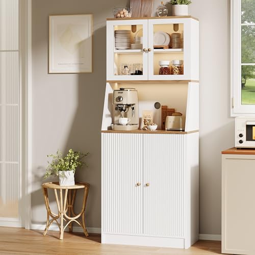 MASAJIA Credenza cucina portaoggetti con LED, mobile cucina portaoggetti con piano di lavoro, 70 × 40 × 180 cm, credenza sala da pranzo bianco mobili cucina bianco mobili credenza facile da montare