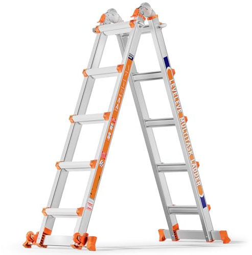 Moonlight Manor 5-Stufen-Mehrzweckleiter: 5-Stufen-Stehleiter & 17-Fuß (5,18 m) Ausziehleiter • Mit Stabilisator & Rädern • 150 kg Traglast • Sicher für Treppen • Für Innen, Außen und Dach