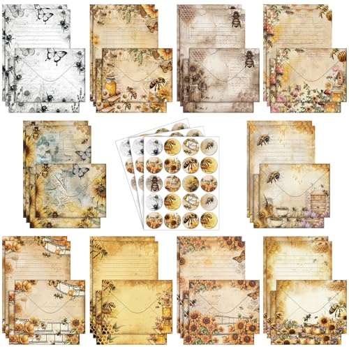 TaoBary 160 Pcs Stationery Paper Set 50 Double Sided Stationery Papers with 50 Matching Envelopes and 60 Round Dot Sticker, 10 Design (Vintage Bee Floral Butterfly,8.25 x 5.5 Inch)