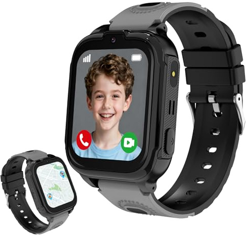 POFIBO Reloj Inteligente Niños 4G - Smartwatch Niños con GPS y Llamadas con Botón SOS, Modo Escolar, Chat de Voz, Alarma y Larga Duración de Batería, Regalo para Niña/Niño (Negro)